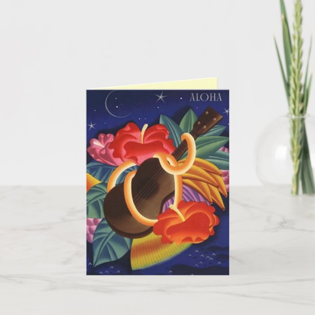 Aloha tackkorthibiskus & Ukulelenatt Tack Kort (Framsida)