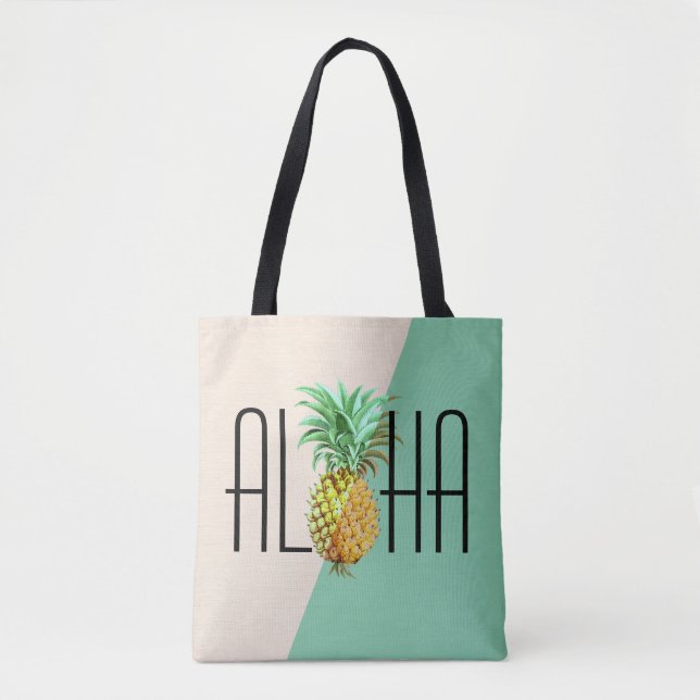 Aloha-text med ananas tropiska geometriska baksida tygkasse (Framsida)