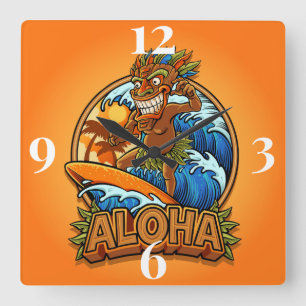 Aloha Tiki Man Fyrkantig Klocka
