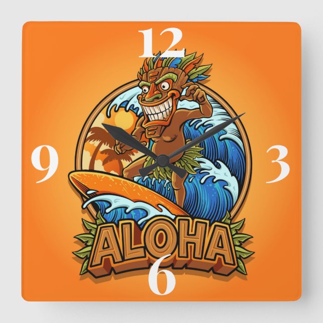 Aloha Tiki Man Fyrkantig Klocka (Framsida)