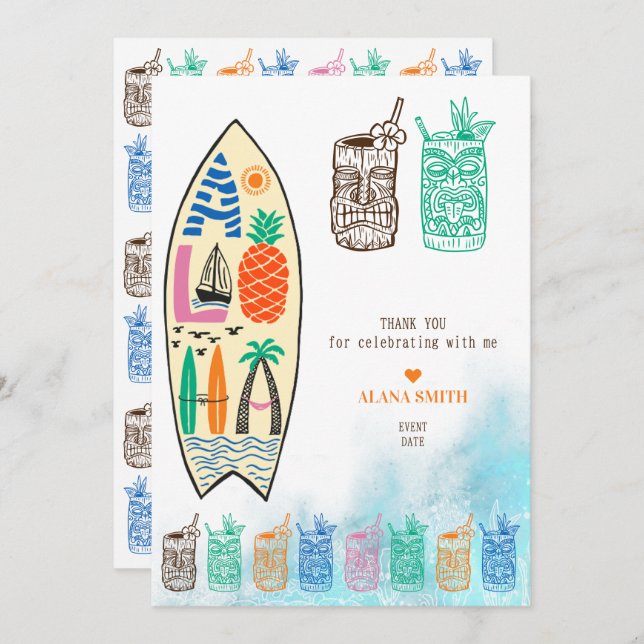 Aloha TIKI Surfboard Tropical Luau Hawaiian Party Tack Kort (Fram/baksida)