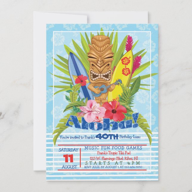 Aloha Tiki Totem Ukulele Födelsedagsfest inbjudan (Framsida)