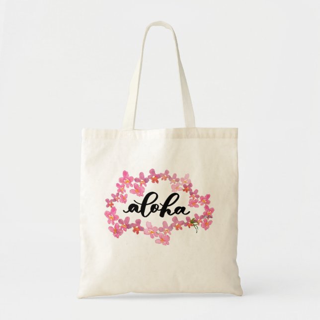 Aloha Tote Bag Rosa Orchid Lei Aloha (blank back) Tygkasse (Framsidan)