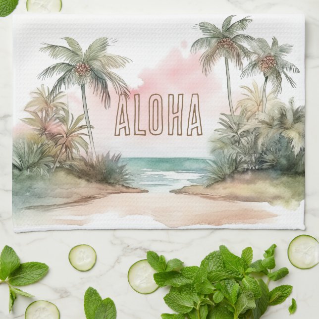 Aloha Tropical Beach Handflatan Träd Kökshandduk (Vikta)