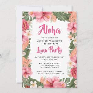 Aloha Tropical Blommigt Luau Party Birthday Inbjudningar