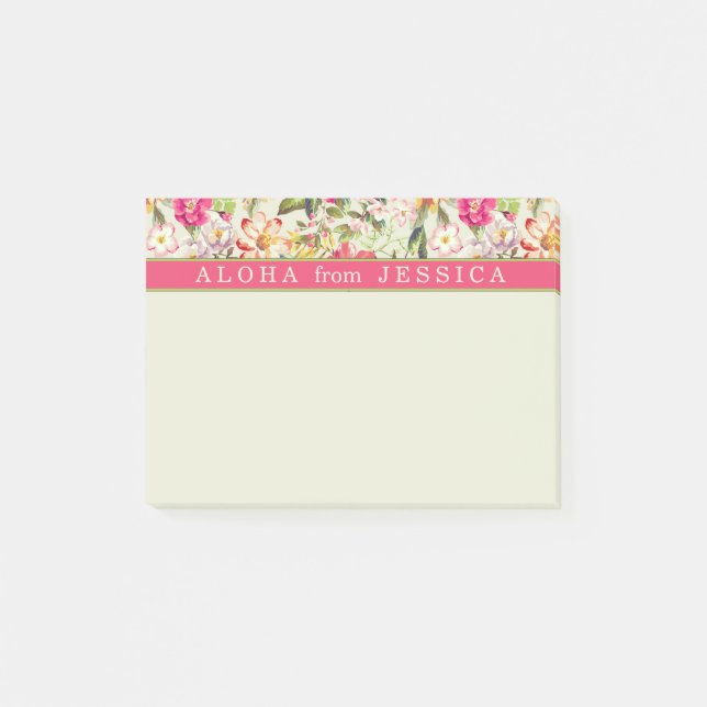 Aloha Tropical Blommigt Rosa and Lime Anpassningsb Post-it Block (Framsida)