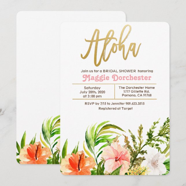 Aloha Tropical Bröllopsdusch Blommig Inbjudan (Fram/baksida)