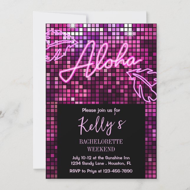 Aloha Tropical Disco Bachelorette Helg Neon Inbjudningar (Framsida)