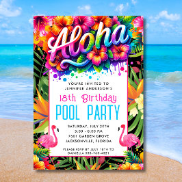 Aloha Tropical Flamingo Birthday Pool Party Inbjudningar