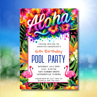 Aloha Tropical Flamingo Birthday Pool Party  Inbjudningar