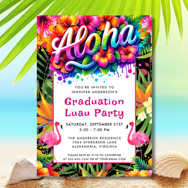 Aloha Tropical Flamingo Examen Luau-fest Inbjudningar (Skapare uppladdad)