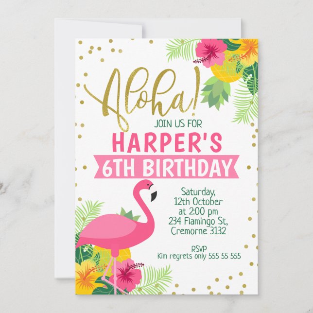 Aloha Tropical Flamingo födelsedagsinbjudan Inbjudningar (Framsida)