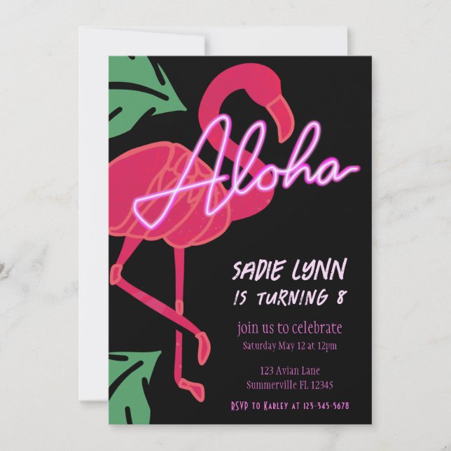 Aloha Tropical Flamingo Hawaiian Birthday Inbjudningar (Framsida)