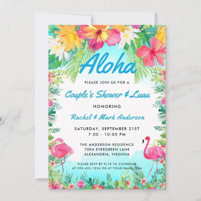 Aloha Tropical Flamingo Luau Couppes Shower Inbjudningar (Framsida)