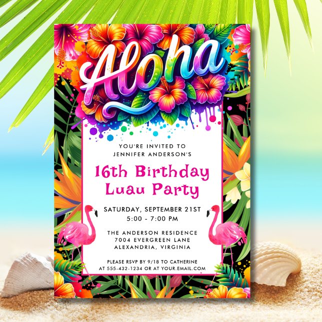 Aloha Tropical Flamingo Luau Födelsedagsfest Inbjudningar (Skapare uppladdad)