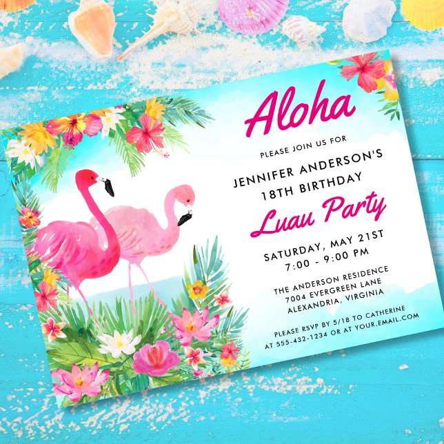 Aloha Tropical Flamingo Luau Födelsedagsfest Inbjudningar (Skapare uppladdad)