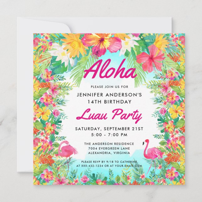 Aloha Tropical Flamingo Luau Party Square Birthday Inbjudningar (Framsida)