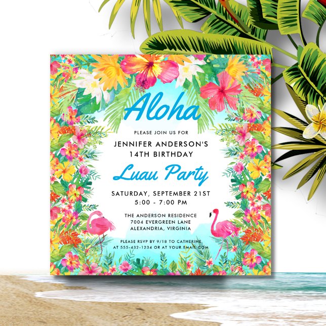 Aloha Tropical Flamingo Luau Party Square Birthday Inbjudningar (Skapare uppladdad)