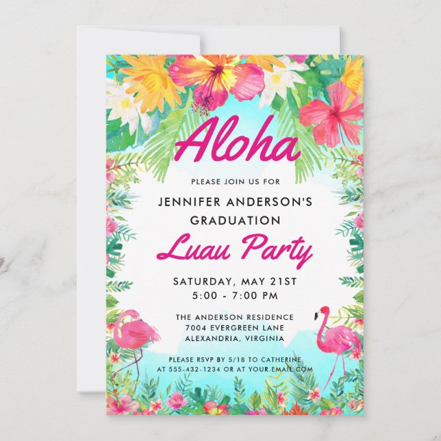 Aloha Tropical Flamingo Luau Party Studenten Inbjudningar (Framsida)