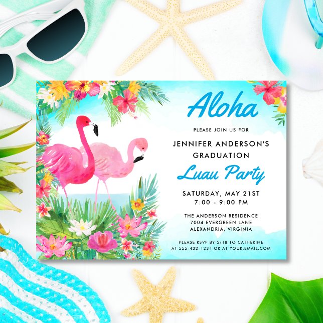 Aloha Tropical Flamingo Studenten Luau Party Blue Inbjudningar (Skapare uppladdad)