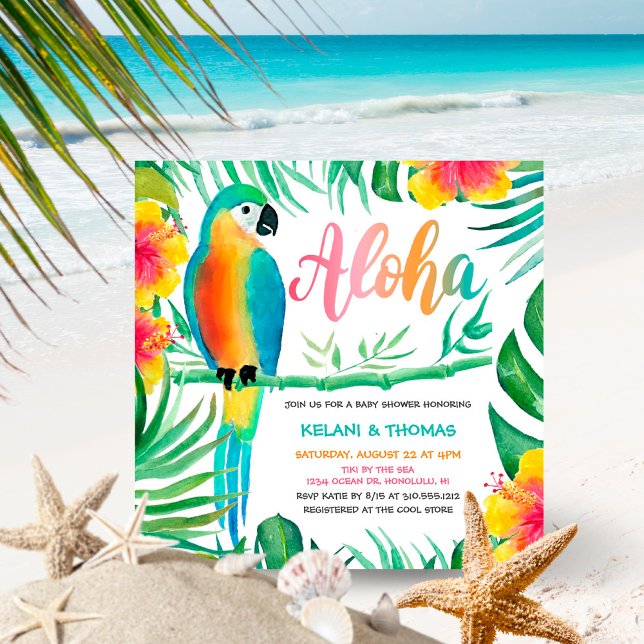 Aloha Tropical Flower Parrot Square Baby Shower Inbjudningar (Skapare uppladdad)