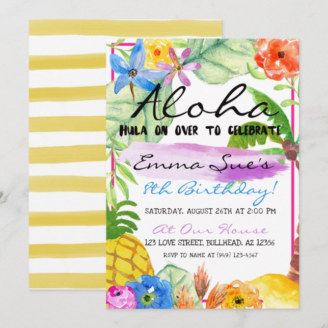 Aloha Tropical Flowers Luau Watercolor Birthday Inbjudningar (Fram/baksida)