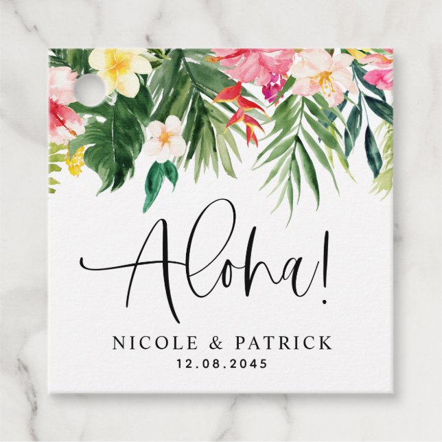 Aloha Tropical Flowers och Greenery Bröllop Gåvor Etiketter (Framsida)