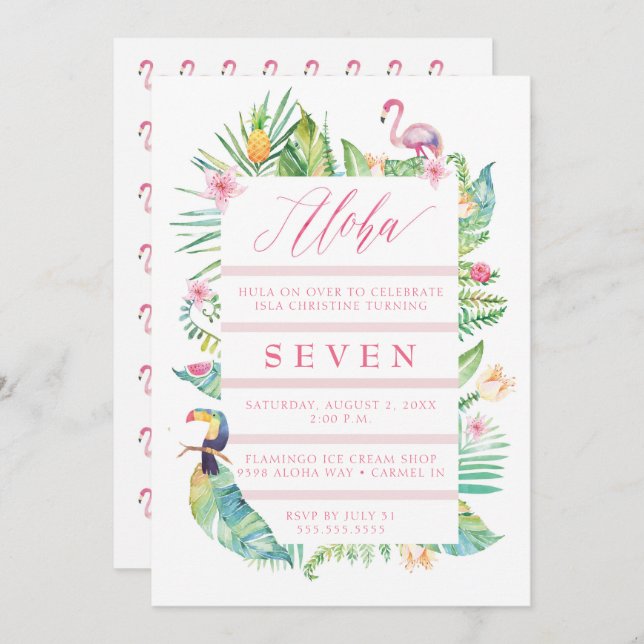 Aloha Tropical Födelsedagsfest Luau-inbjudan Inbjudningar (Fram/baksida)
