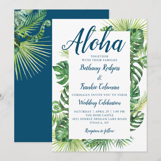Aloha Tropical Greenery Blue Beach Wedding Inbjudningar (Fram/baksida)