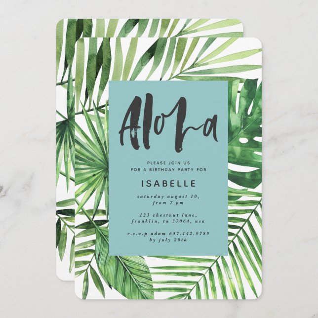 Aloha tropical handflatan löv & script teal födels spara datumet (Fram/baksida)