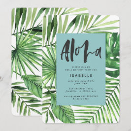 Aloha tropical handflatan löv & script teal födels spara datumet