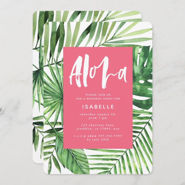 Aloha tropical handflatan & script rosa girly föde spara datumet (Fram/baksida)