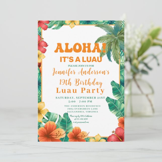 Aloha Tropical Hawaiian Blommigt Luau Födelsedagsf Inbjudningar (Stående Fram)