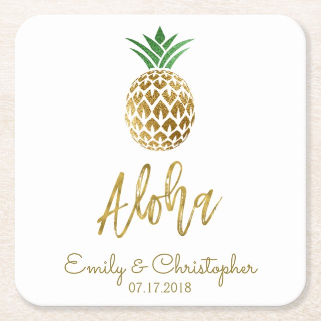 Aloha Tropical Hawaiian Pineapple Bröllop White Underlägg Papper Kvadrat (Framsidan)