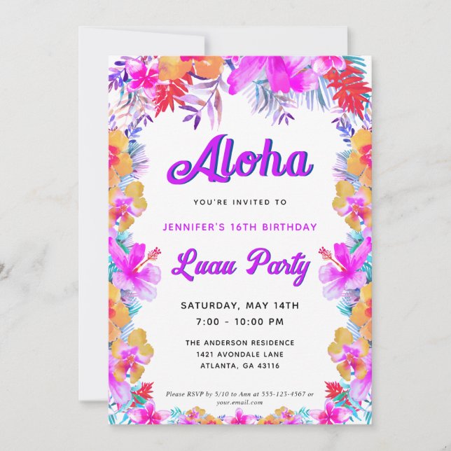 Aloha Tropical Hibiscus Luau Födelsedagsfest Inbjudningar (Framsida)
