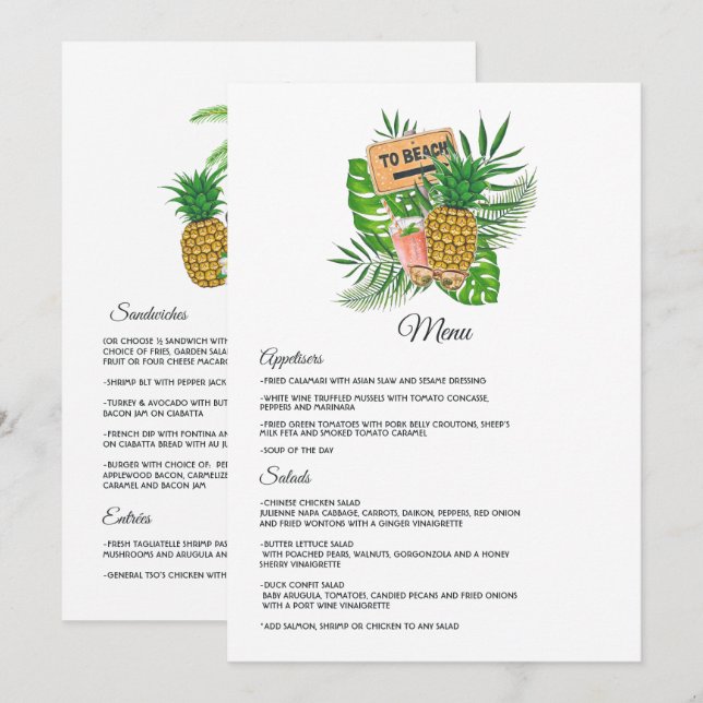 Aloha Tropical Luau Beach Wedding Meny (Fram/baksida)