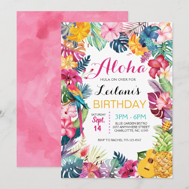 Aloha Tropical Luau Birthday Inbjudningar (Fram/baksida)