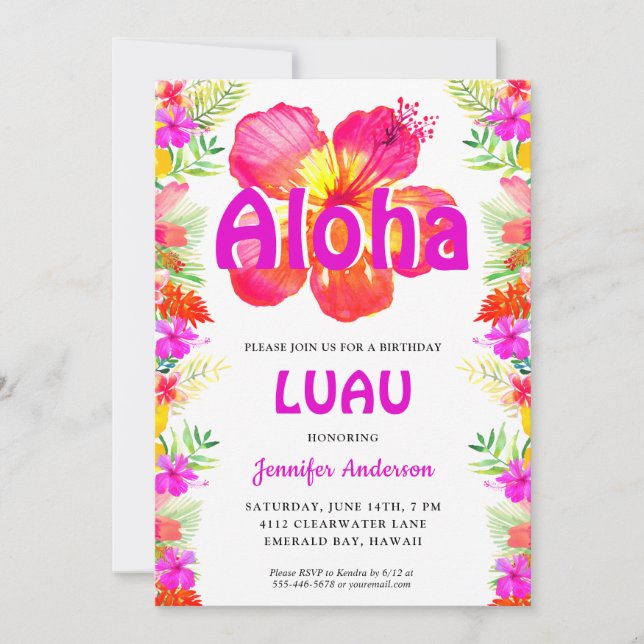 Aloha Tropical Luau Födelsedagsfest Inbjudningar (Framsida)