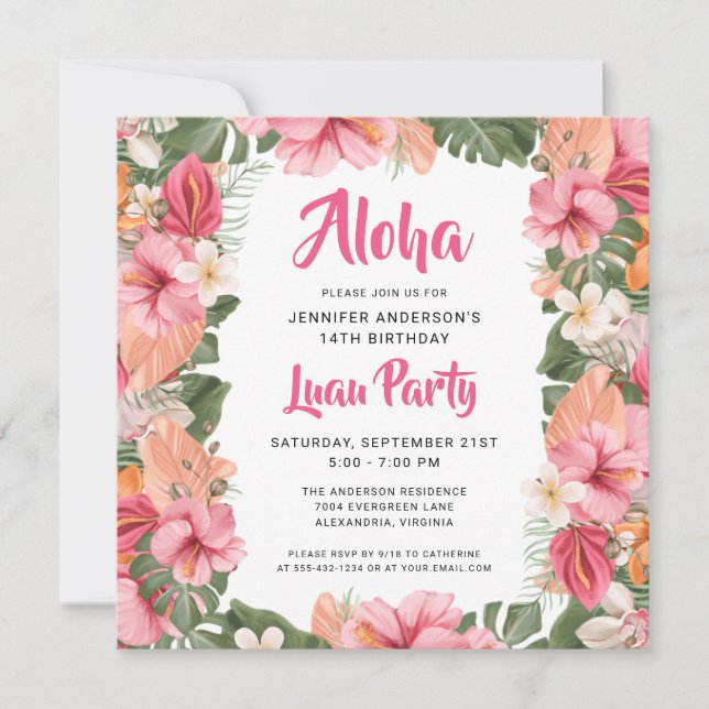 Aloha Tropical Luau Party Birthday Inbjudningar (Framsida)