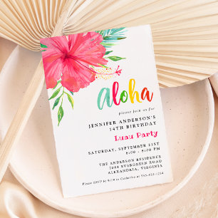 Aloha Tropical Luau Rosa Hibiscus Födelsedagsfest Inbjudningar