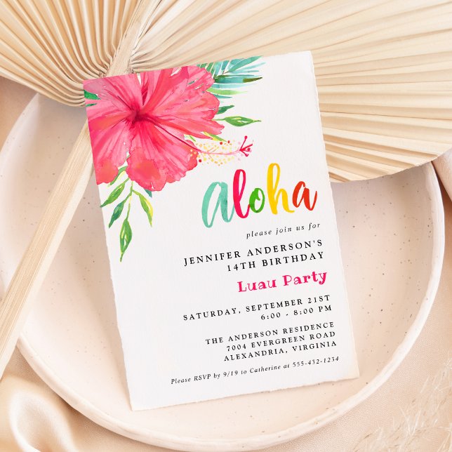 Aloha Tropical Luau Rosa Hibiscus Födelsedagsfest Inbjudningar (Skapare uppladdad)