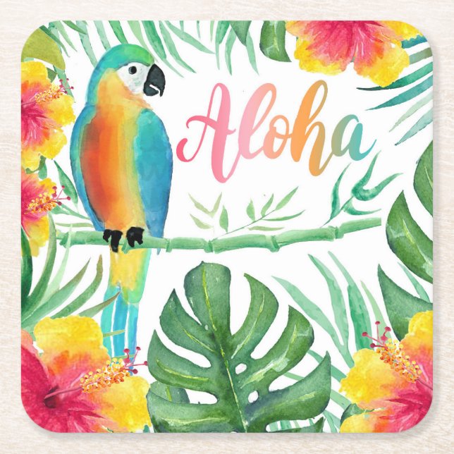 Aloha Tropical Parrot Hibiscus Handflatan Underlägg Papper Kvadrat (Framsidan)