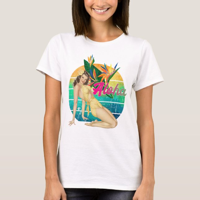Aloha Tropical Pin-up girl retro sunset art T Shirt (Framsida)