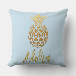 Aloha Tropical Pineapple Blue and Gold Foil Pillow Kudde