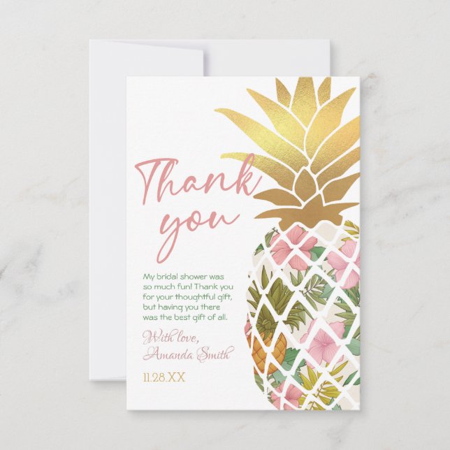 Aloha Tropical Pineapple Guldblad Bröllopsdusch Tack Kort (Framsida)