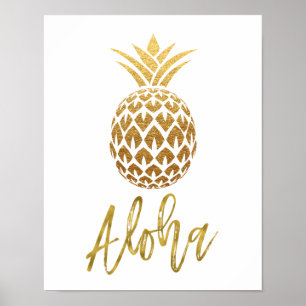Aloha Tropical Pineapple White and Gold Foil Poster