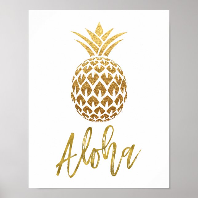 Aloha Tropical Pineapple White and Gold Foil Poster (Framsidan)