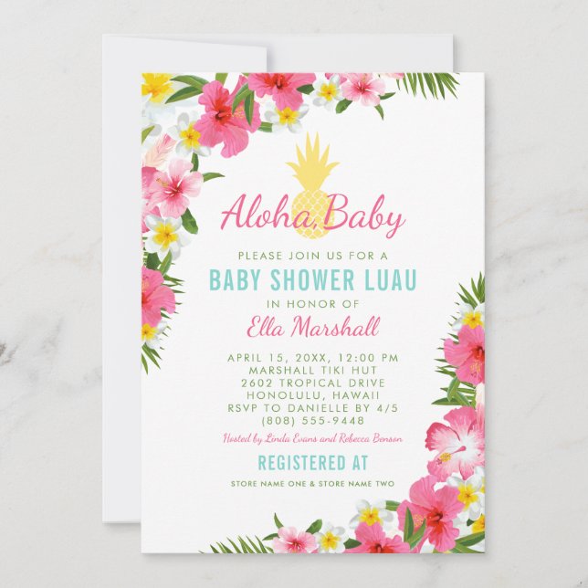 Aloha Tropical Rosa Blommigt Pineapple Baby Shower Inbjudningar (Framsida)