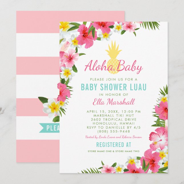 Aloha Tropical Rosa Blommigt Pineapple Baby Shower Inbjudningar (Fram/baksida)