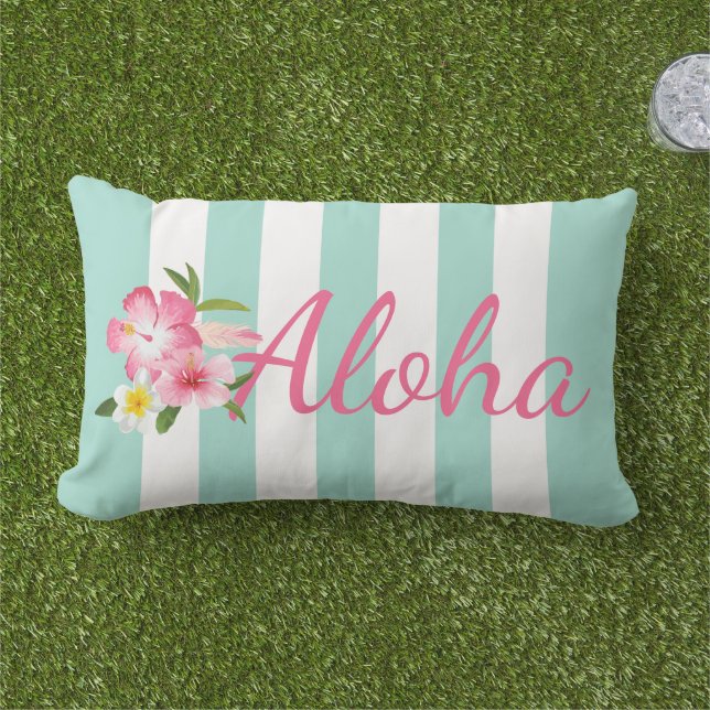Aloha Tropical Rosa Flowers och Aqua Blue Rand Lumbarkudde (Gräs)